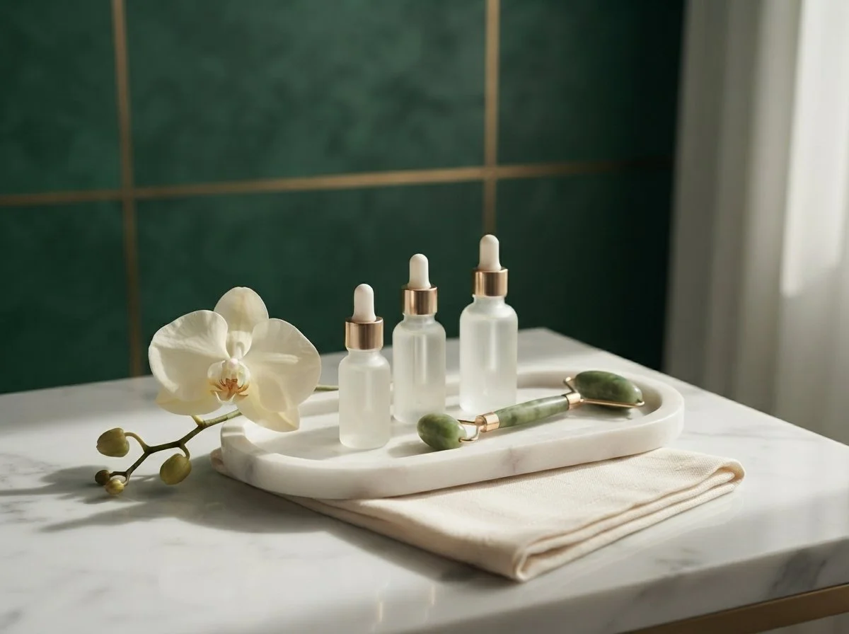 Skincare serums and facial roller on a marble tray