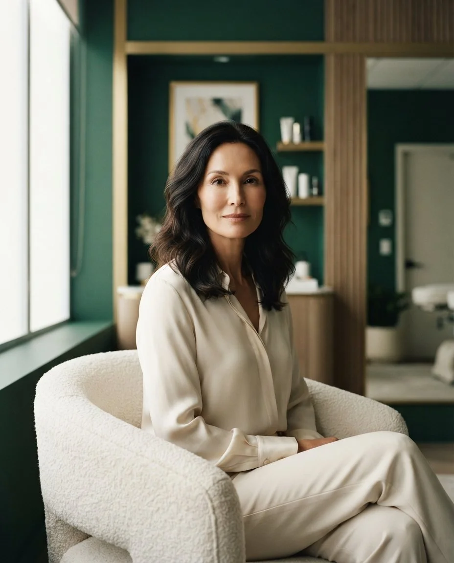 Woman with naturally defined facial structure in a calm clinic setting