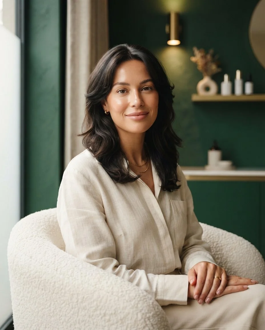 Woman with naturally full, softly defined lips in a calm clinic setting