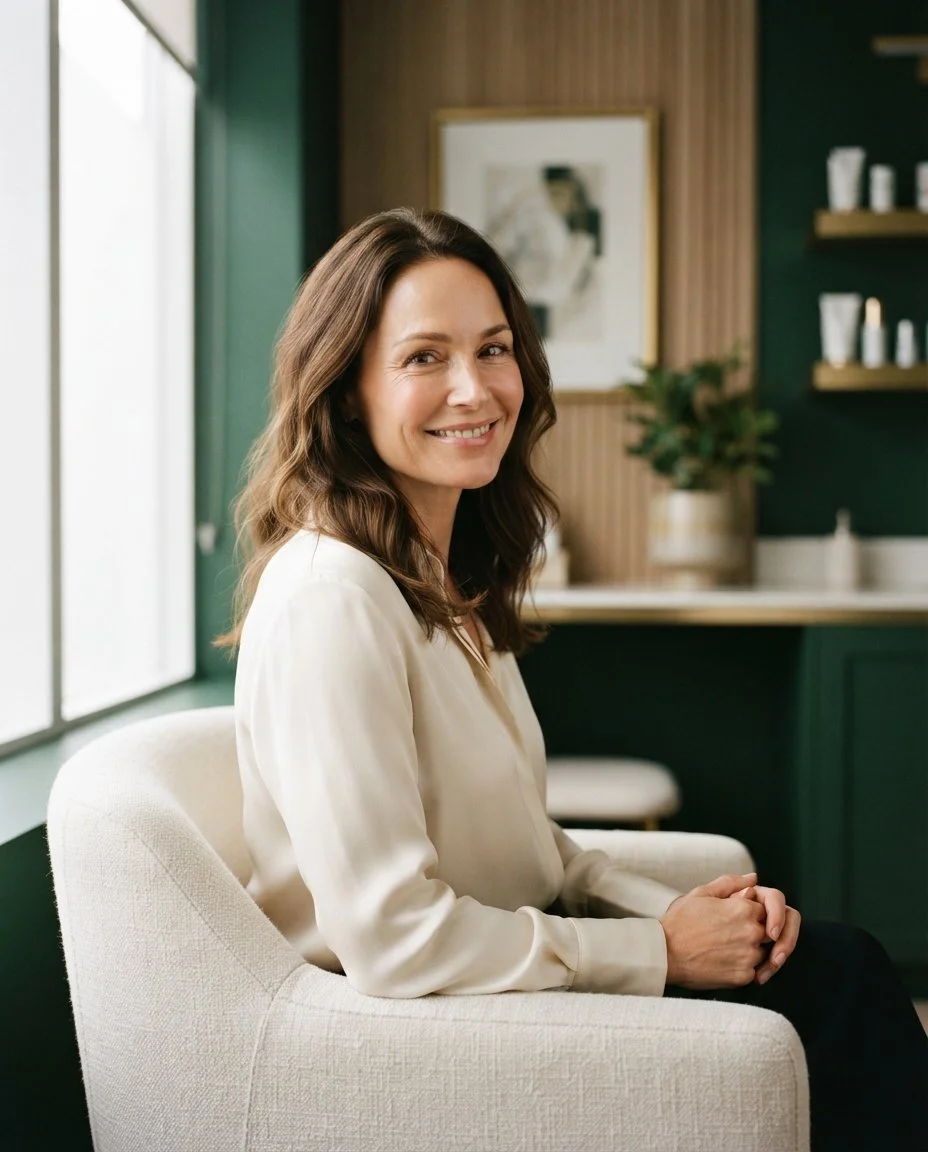 Woman with a smooth, relaxed expression in a calm clinic setting