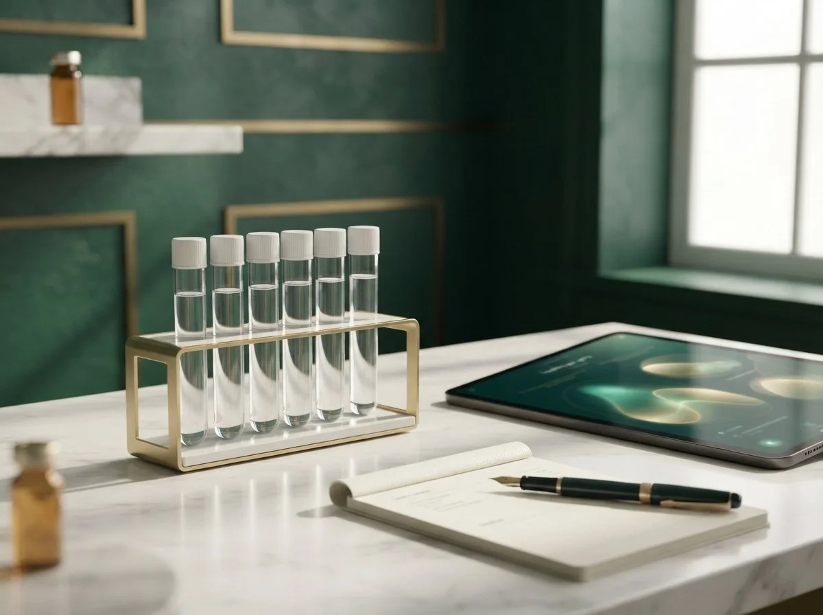 Sample tubes and a tablet with wellness graphs on a clinic counter