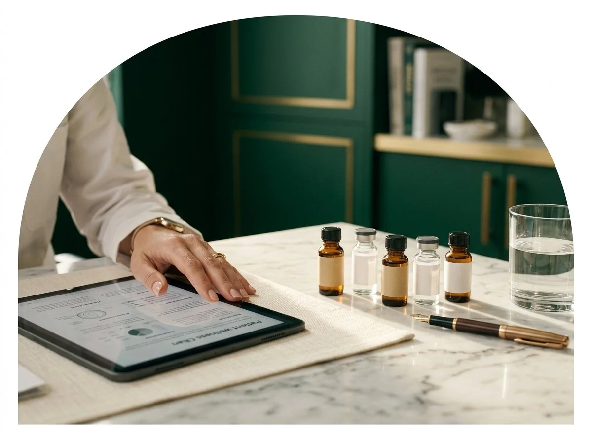 Provider reviewing a patient wellness chart beside glass vials