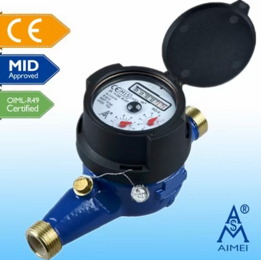 A water meter with a black protective cover, blue body, and brass fittings, displaying measurement readings on an analog dial, and featuring CE, MID, and OIML-R49 certifications.