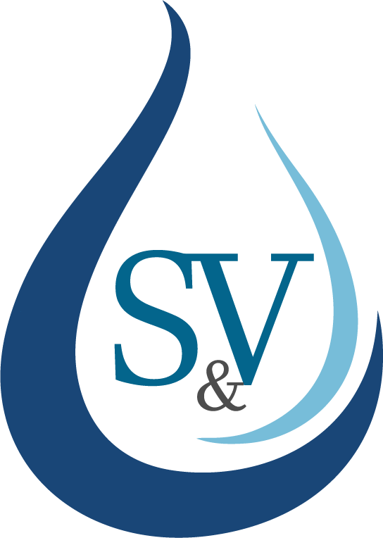A logo with dark blue and light blue water droplet shapes surrounding the initials 'SV &' in the center.