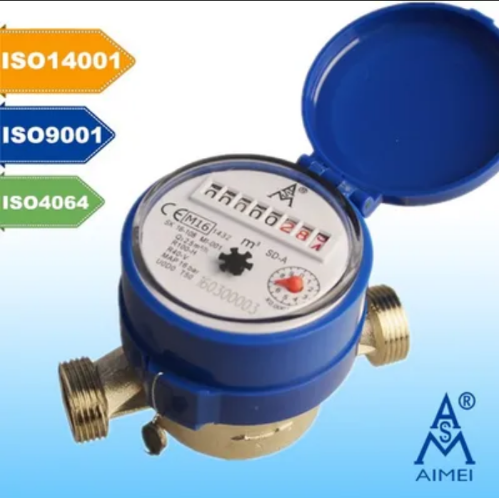 A blue water meter with a round face and a hinged cover, featuring a dial, digital readings, and a brass inlet and outlet, against a white and blue background with certification labels.