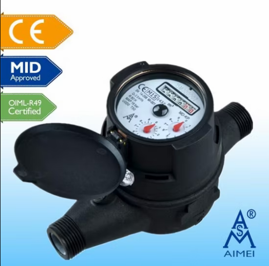 Black water meter with a circular dial, two red indicators, and a protective cover, with certification logos for CE, MID approved, and OIML R49 certified, and a blue and white gradient background.