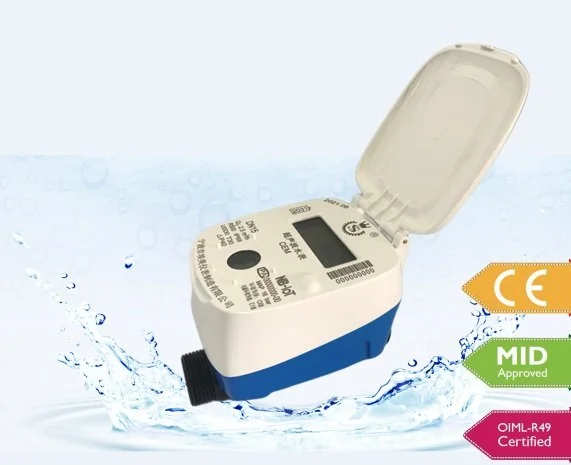 Water meter with a lid open, submerged in water, with certification logos on the side.