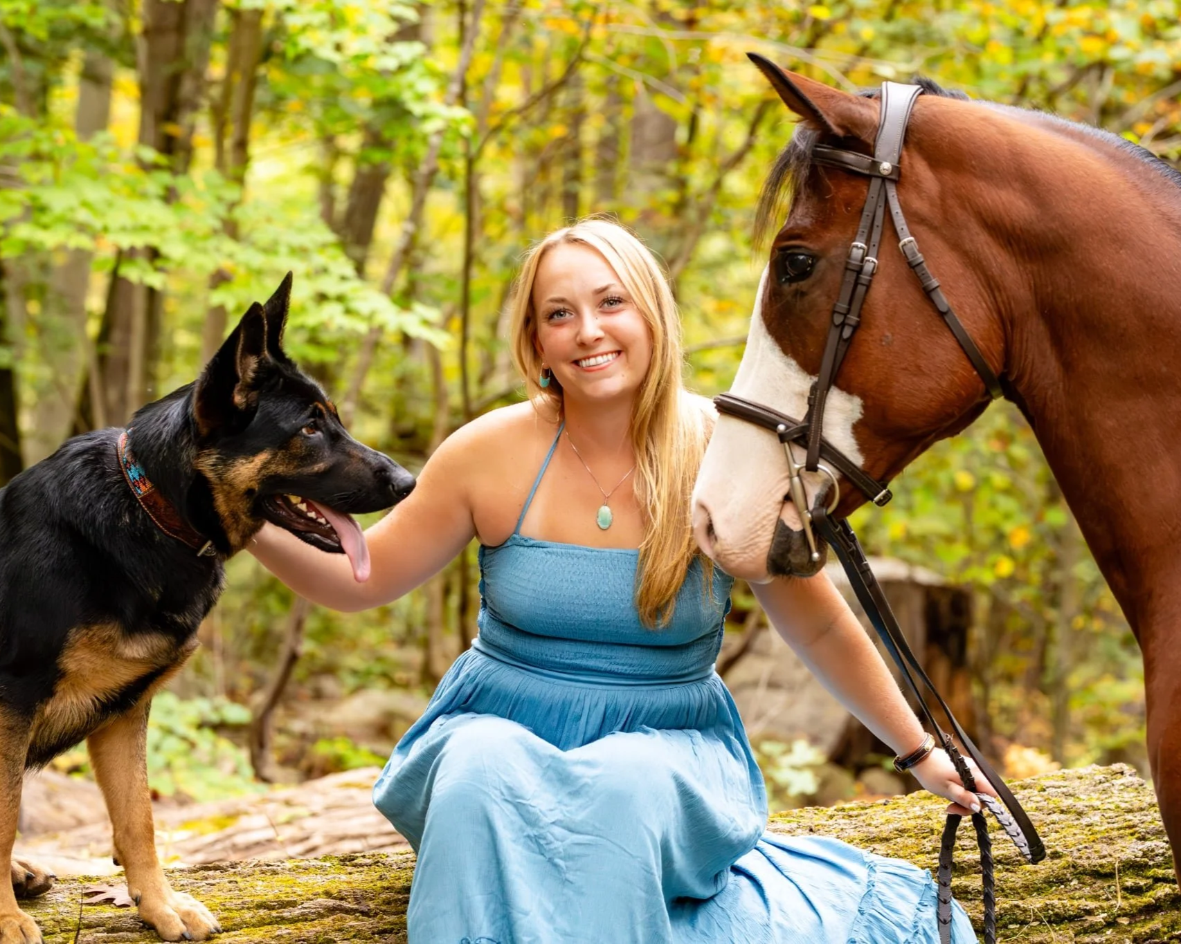A smiling woman in a blue dress kneeling on a log with a black and tan dog and a brown and white horse in a forest with green autumn leaves.
