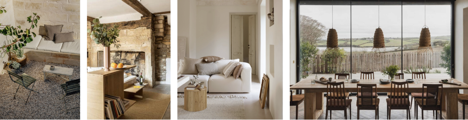Four images of interior spaces: a living room with a tree branch in a vase, a fireplace with a wooden bookcase, a cozy sitting area with white sofas, a dining room with a large window and wooden table.