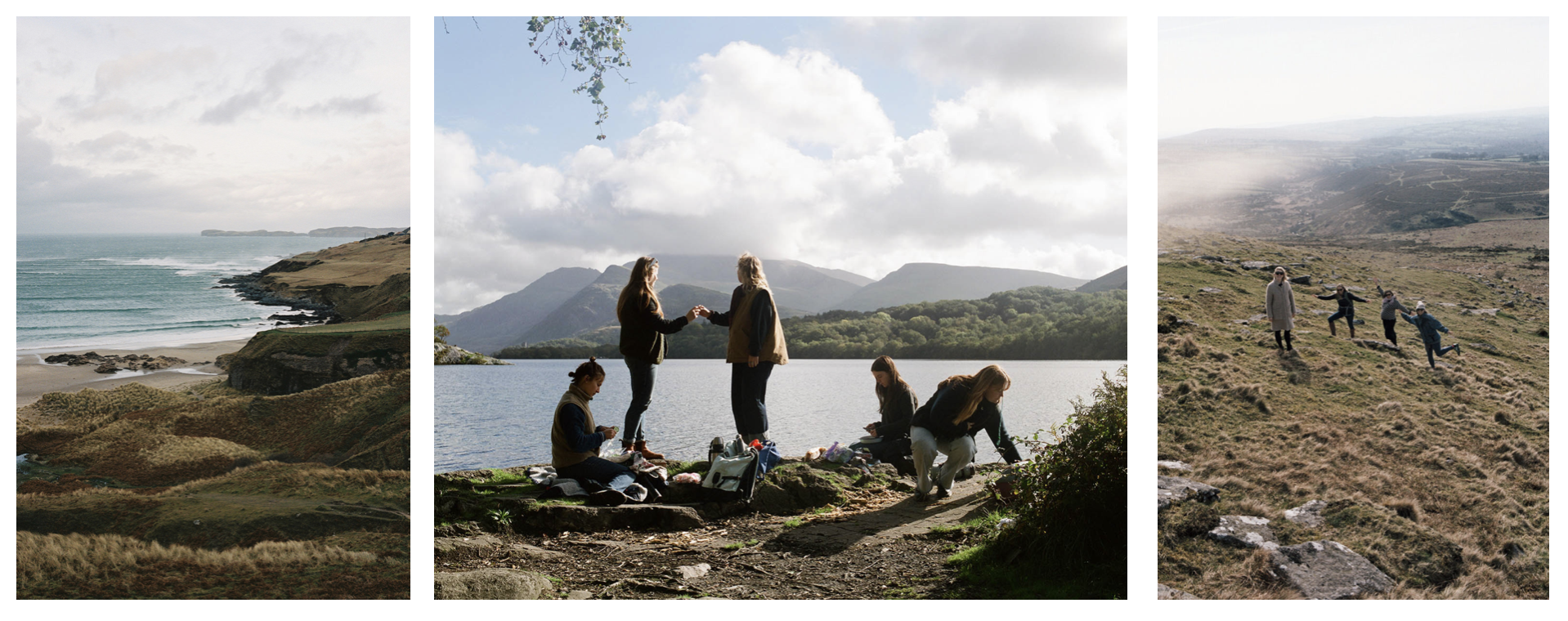 Three separate scenes: a seaside landscape with cliffs and ocean waves, a group of friends enjoying a lakeside picnic with mountains in the background, and a group of friends walking or running through a grassy hilly landscape.