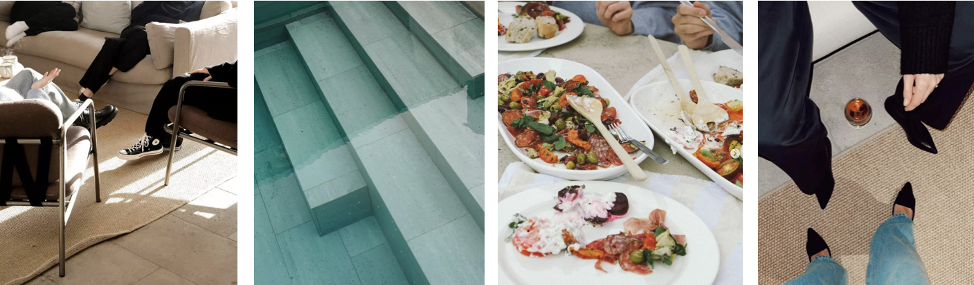 A collage of four images showing a social gathering. The first image depicts people sitting on couches and chairs in a living room. The second shows a tiled staircase. The third features plates of food including salads and desserts on a table. The fourth captures people's feet and shoes from a top-down perspective, standing on a carpeted floor.