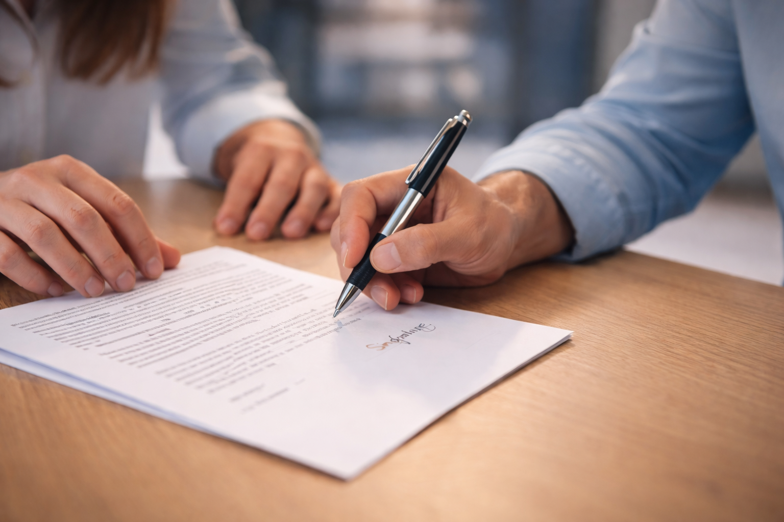 Two people signing a document on a wooden table, one with a pen and the other holding the paper steady.