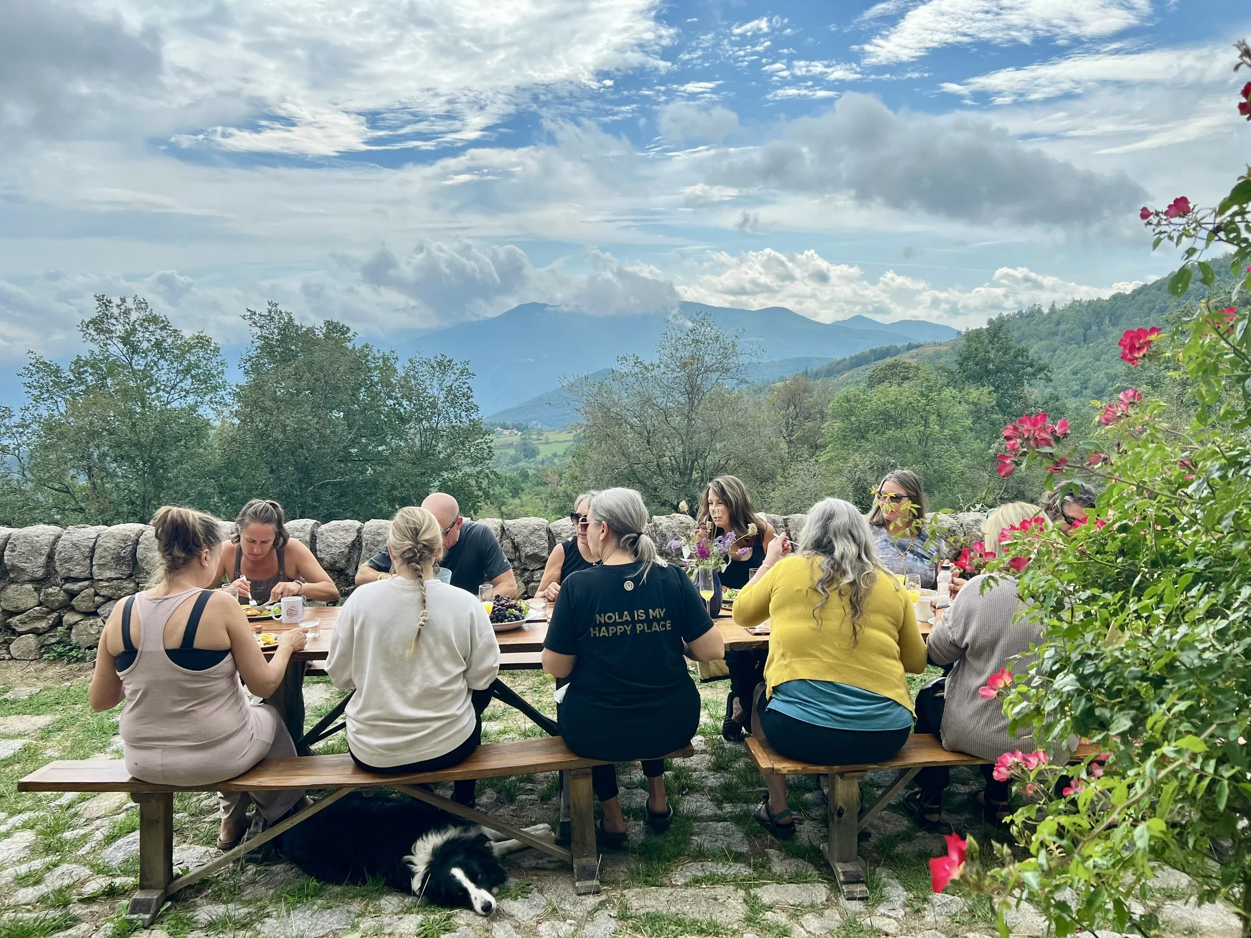 A group of people sitting at a wooden picnic table outdoors, with mountains and a partly cloudy sky in the background, and pink flowers on the right side of the image.