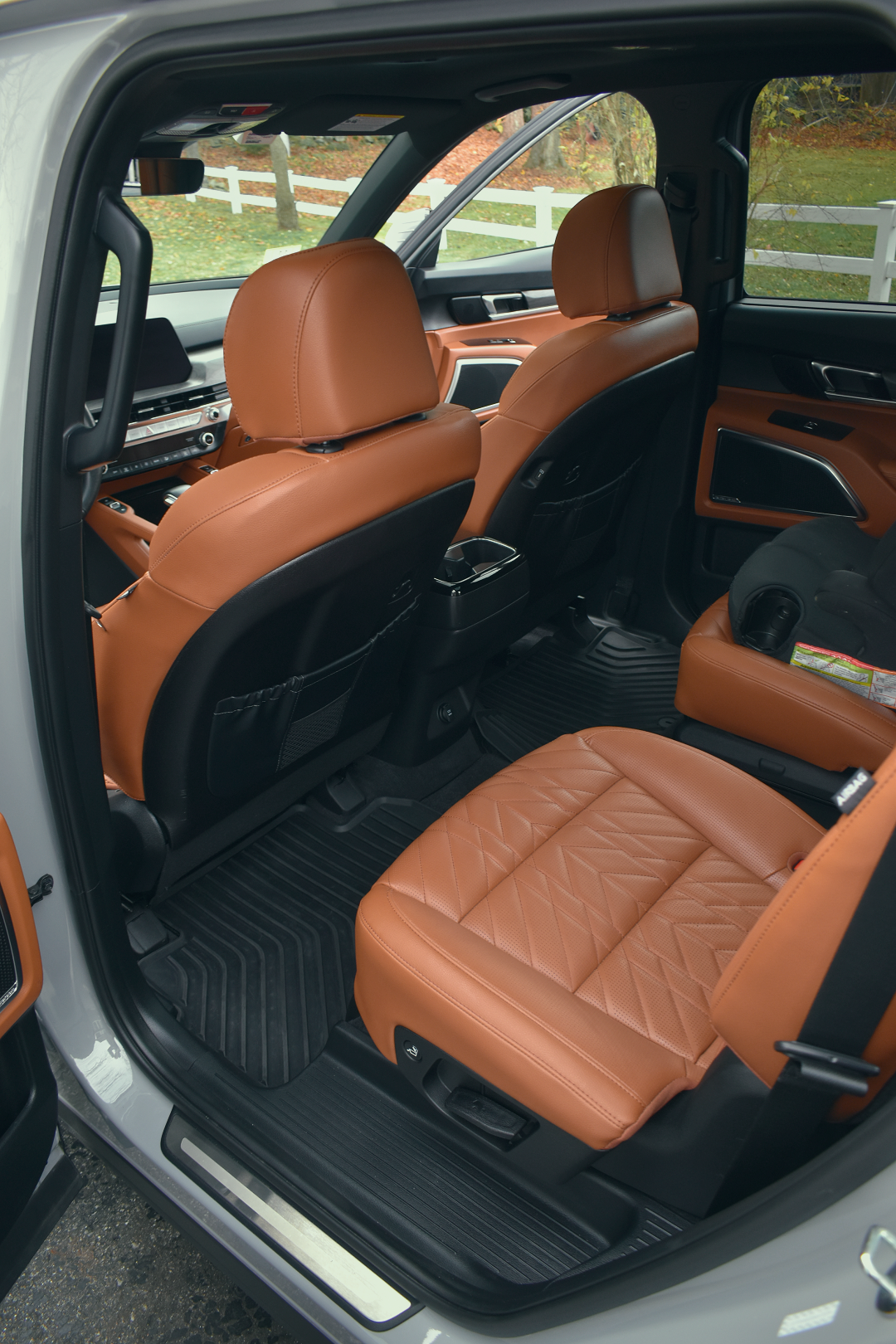 After clean interior, Inside view of a vehicle's rear interior with tan leather seats, black floor mats, and black back of front seats with storage pockets.
