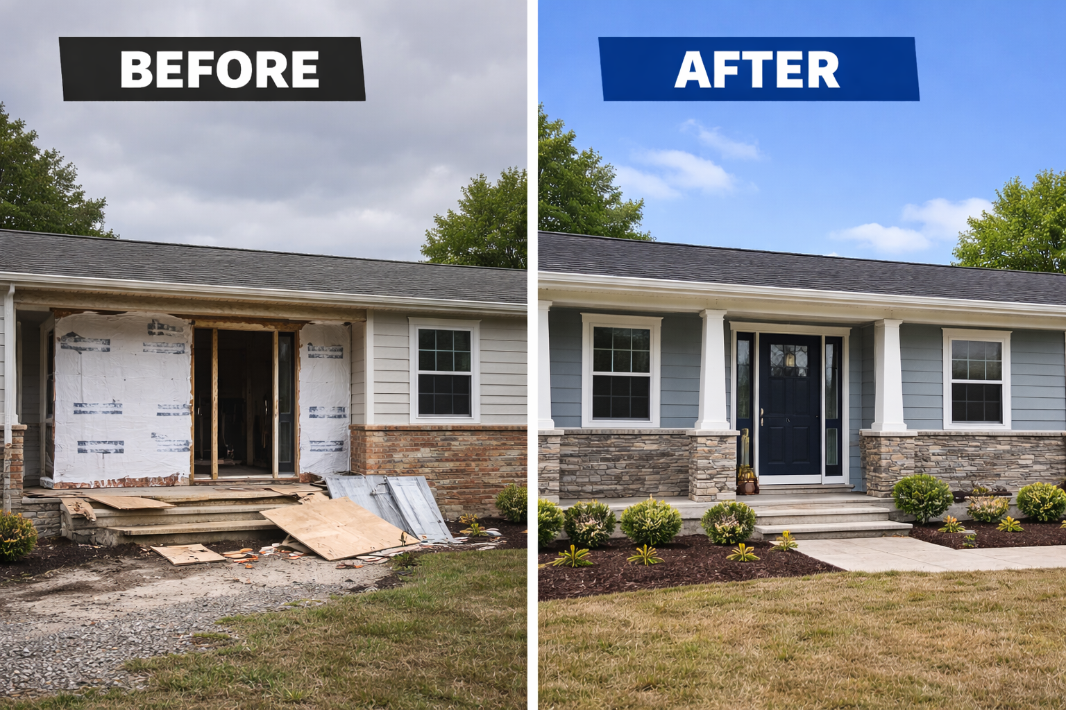 Before and after images of a house renovation, showing the front of a house with a new gray exterior and stone accents, landscaping, and a new front door.