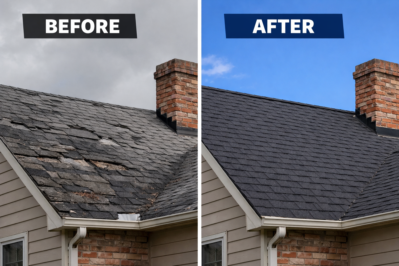 Comparison of a house roof before and after repair, with the left showing damaged, missing shingles and the right showing a new, repaired roof with fresh shingles.