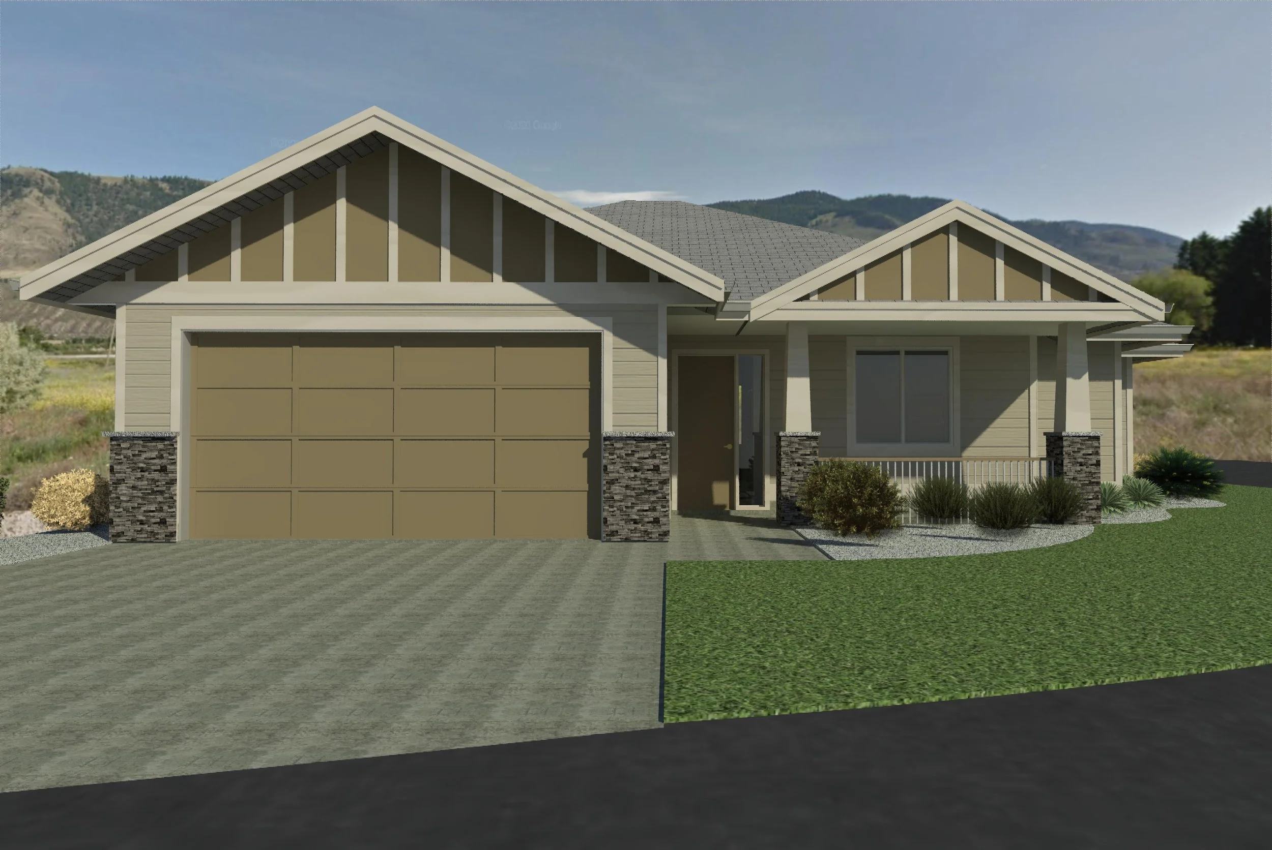 Rendering of a modern single-story house with beige exterior, stone accents, a double garage, and a landscaped front yard with bushes and grass.