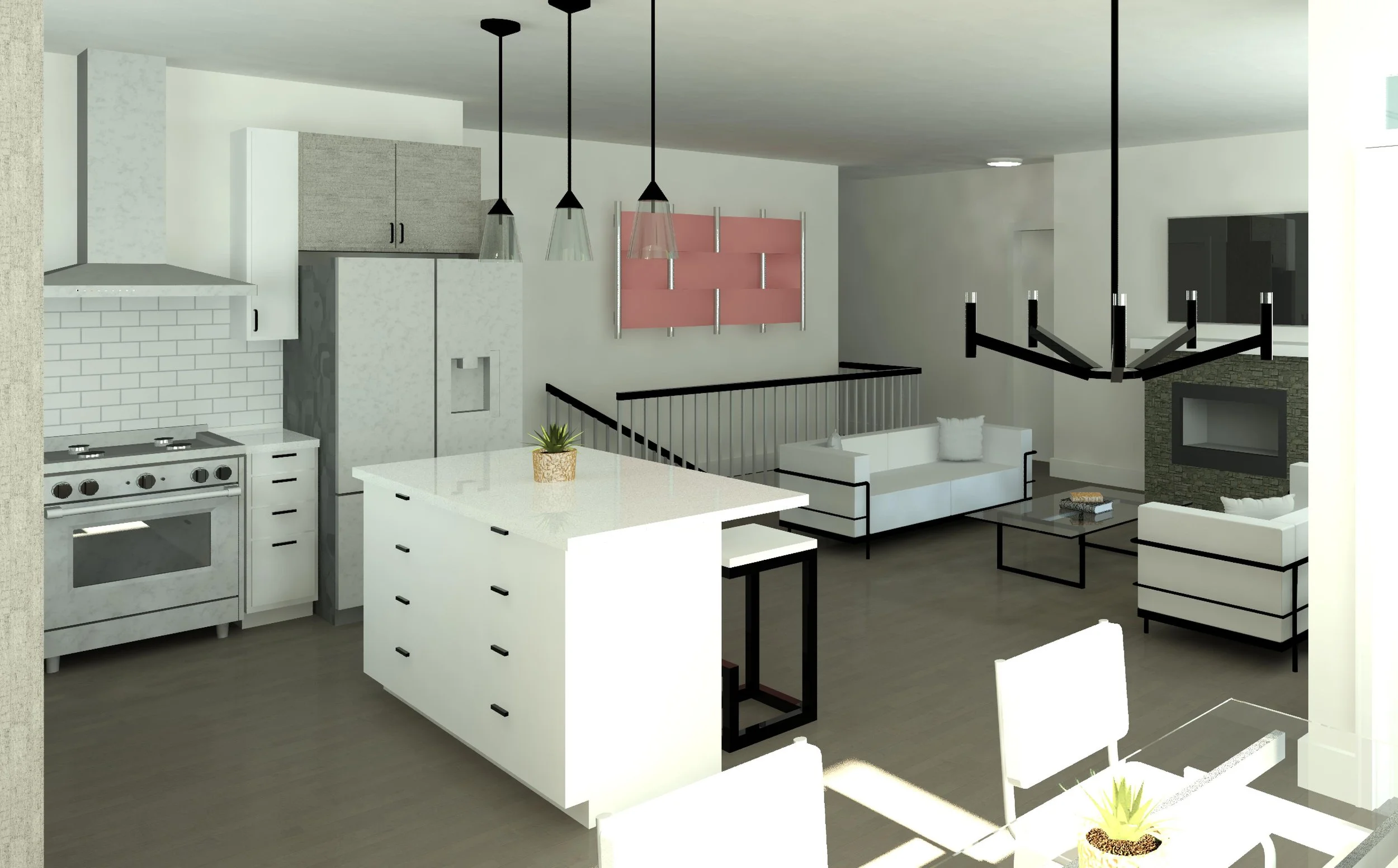 Modern open-concept kitchen and living room with white cabinetry, stainless steel appliances, black accents, a pink wall art piece, and white furniture.