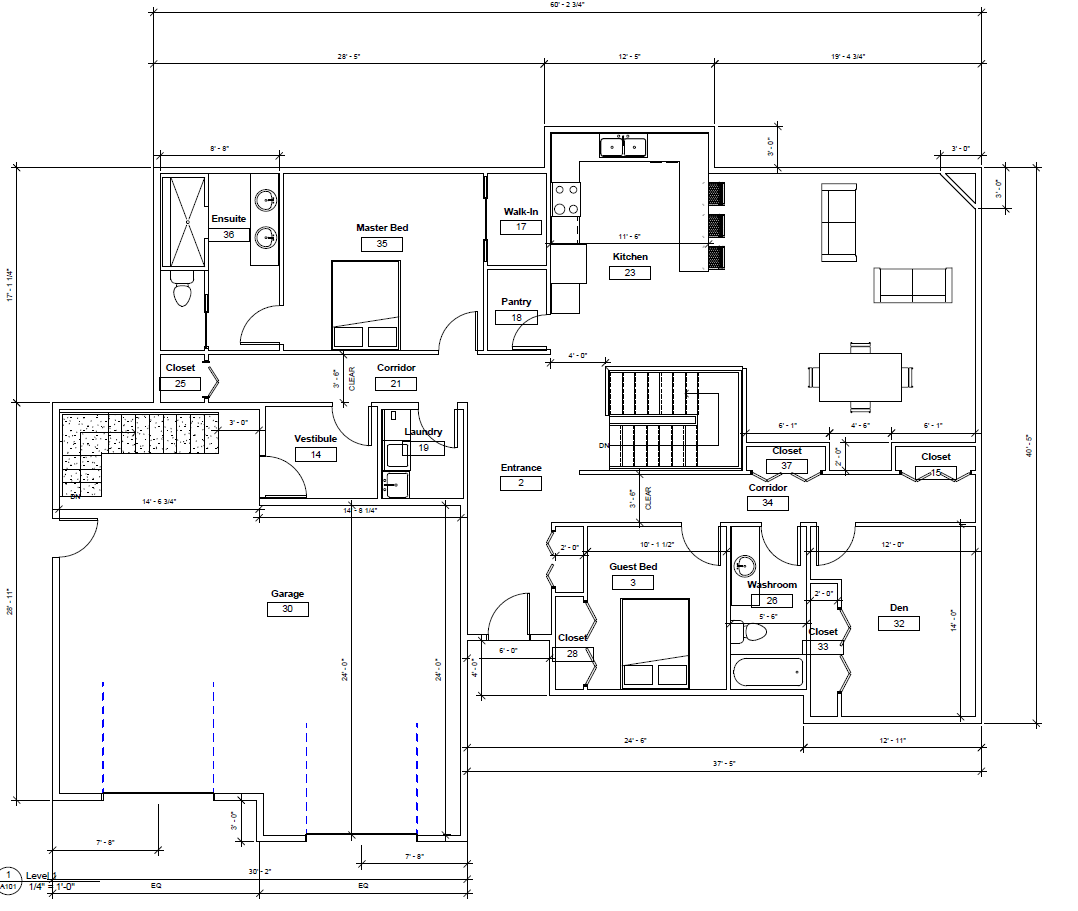 A detailed architectural floor plan of a house, showing rooms such as a master bedroom with an ensuite, guest bedroom, den, kitchen, laundry room, garage, and various closets and hallways.