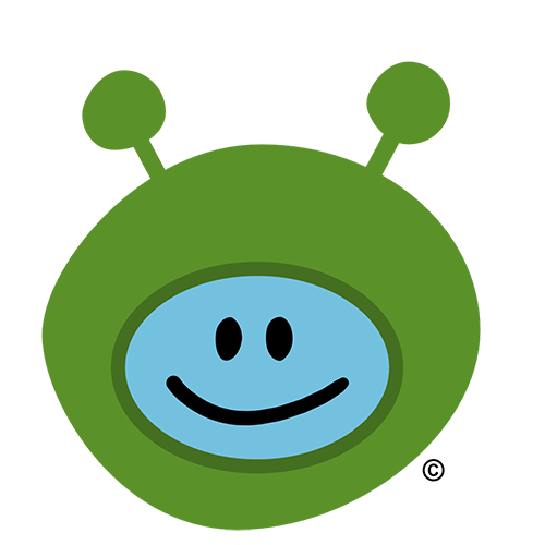Cartoon character with a round green head, two antennae, and a smiling blue face.
