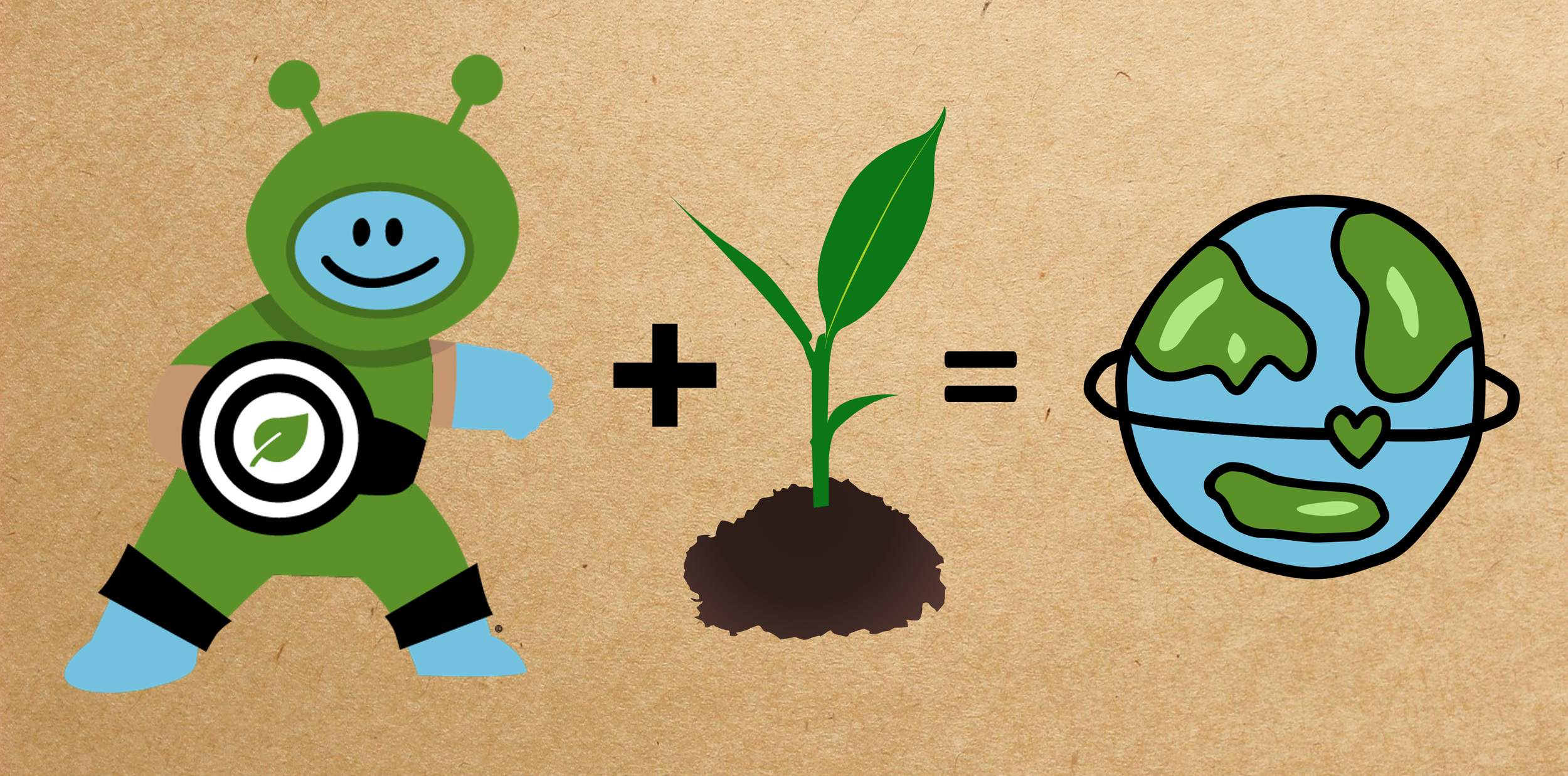 A cartoon superhero character with a green costume and antennae, holding a target with a leaf symbol. Next to the character is a plus sign, followed by a small green plant seedling. An equal sign leads to an illustration of the Earth wearing a face mask with a heart symbol, representing environmental protection.