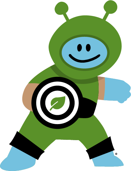 Cartoon character in a green costume with antennae, smiling face, holding a target with a green leaf symbol, and wearing blue gloves and shoes.