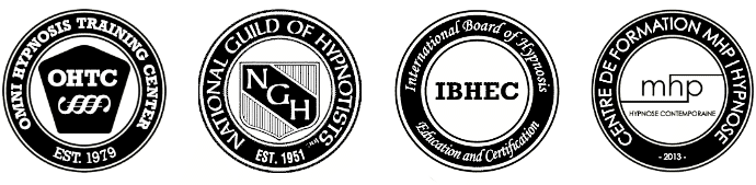 Quatre logos circulaires liés à la formation en hypnose.
