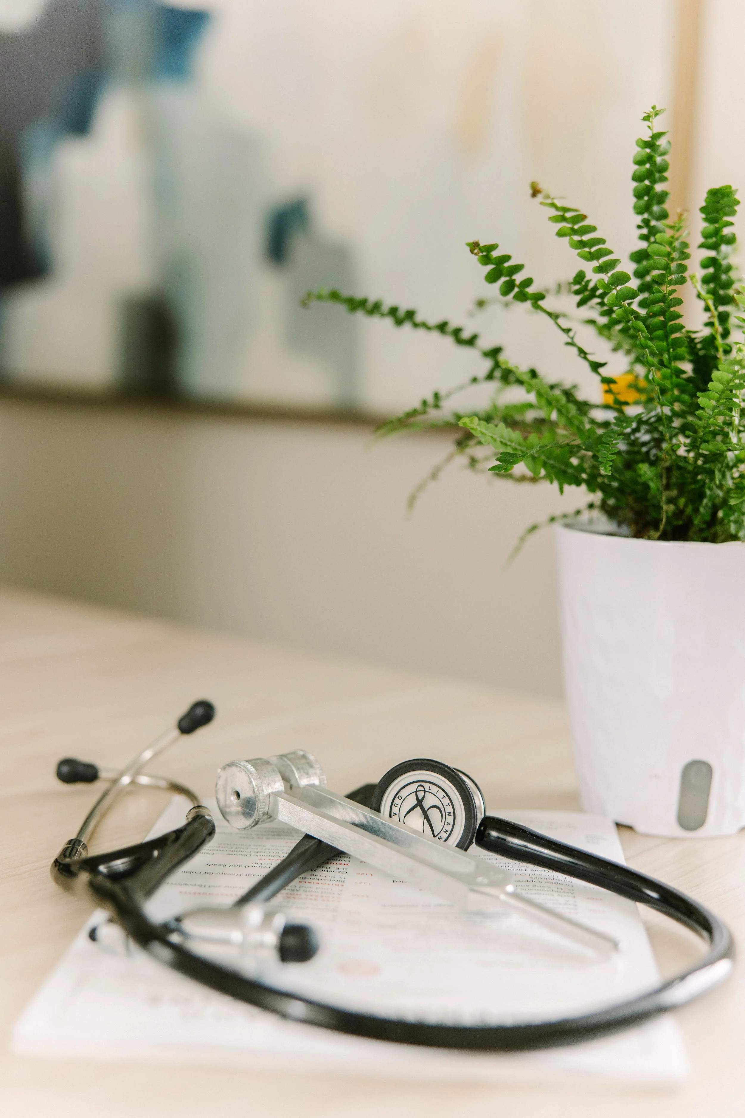 Stethoscope and medical instruments.