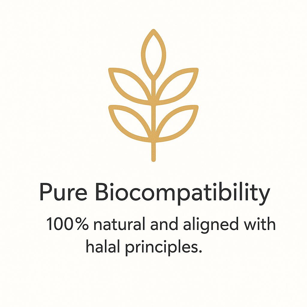 Una ilustración de una hoja estilizada de color dorado. Texto en negro que dice: 'Pure Biocompatibility. 100% natural and aligned with halal principles'.