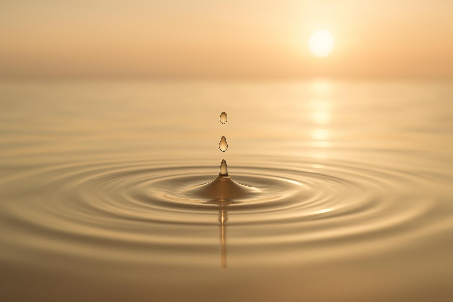 Gotas de agua cayendo en un cuerpo de agua durante el amanecer o atardecer, creando ondas en la superficie.