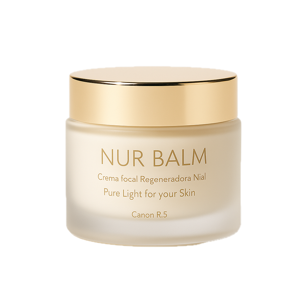 Frasco de crema facial de color blanco con tapa dorada, etiquetado como "NUR BALM" para piel clara, con texto en inglés y español.