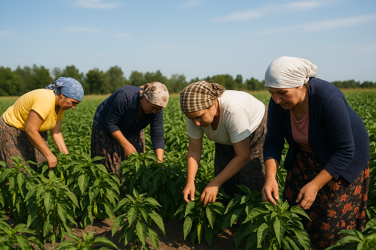 Cuatro mujeres trabajando en un campo de cultivo con verdes plantas en un día soleado.