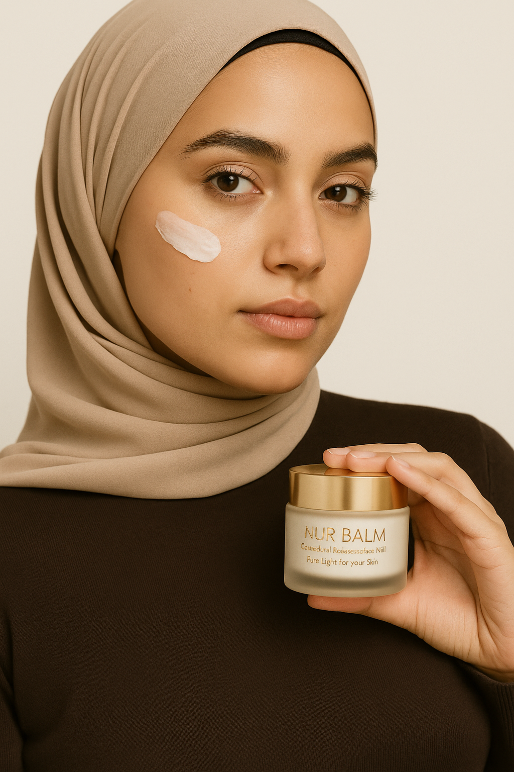 Mujer con hijab de color beige sostiene un frasco de crema facial con la etiqueta 'NUR BALM'.