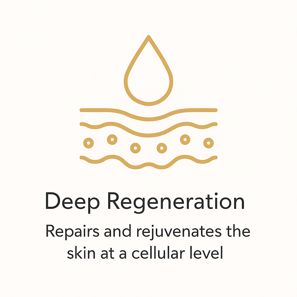 Icono de gota de agua sobre líneas y puntos, con texto en inglés que dice 'Deep Regeneration', y en español que dice 'Repara y rejuvenece la piel a nivel celular'.