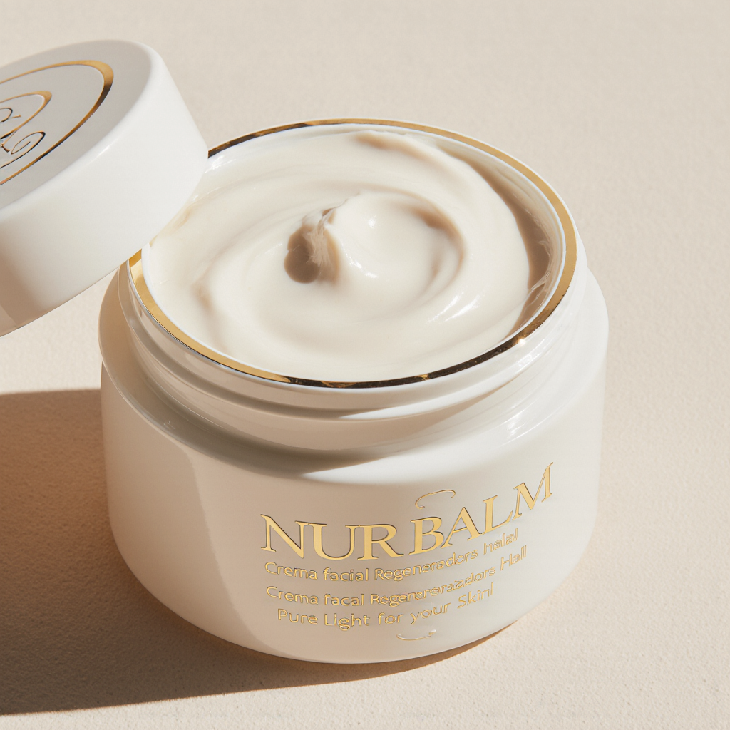 Frasco abierto de crema facial NUR BALM con espátula, con crema blanca y suave en interior. Fondo beige claro.