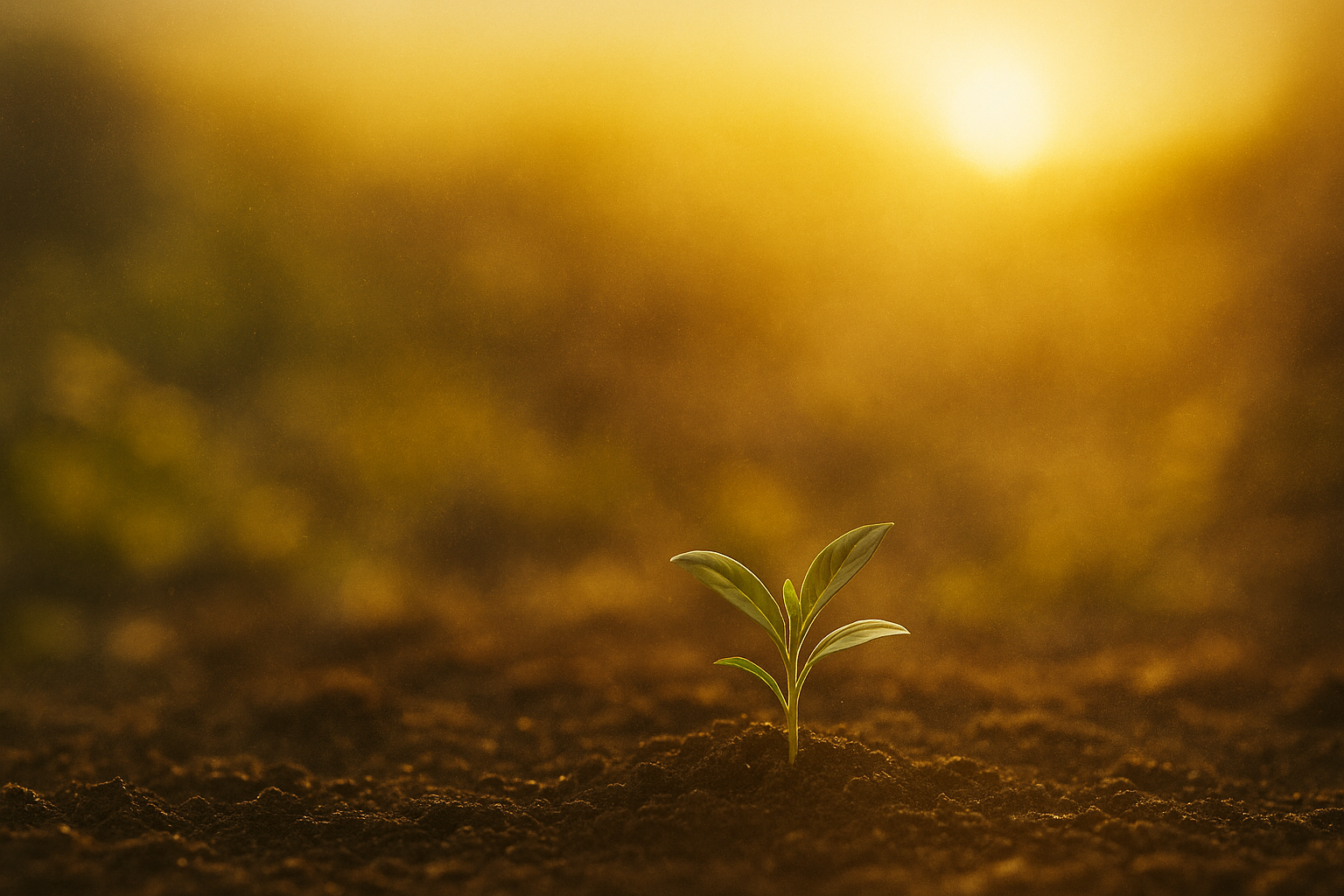 Joven planta creciendo en tierra con luz cálida del sol al atardecer