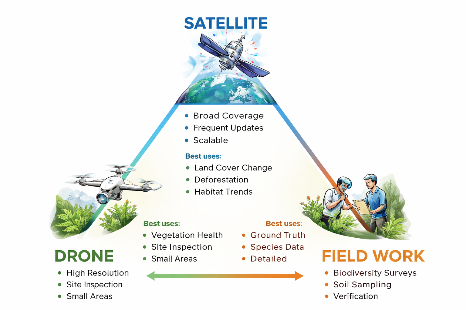 Satellite, Drone, or Field Data? Designing Scalable Nature Monitoring Systems