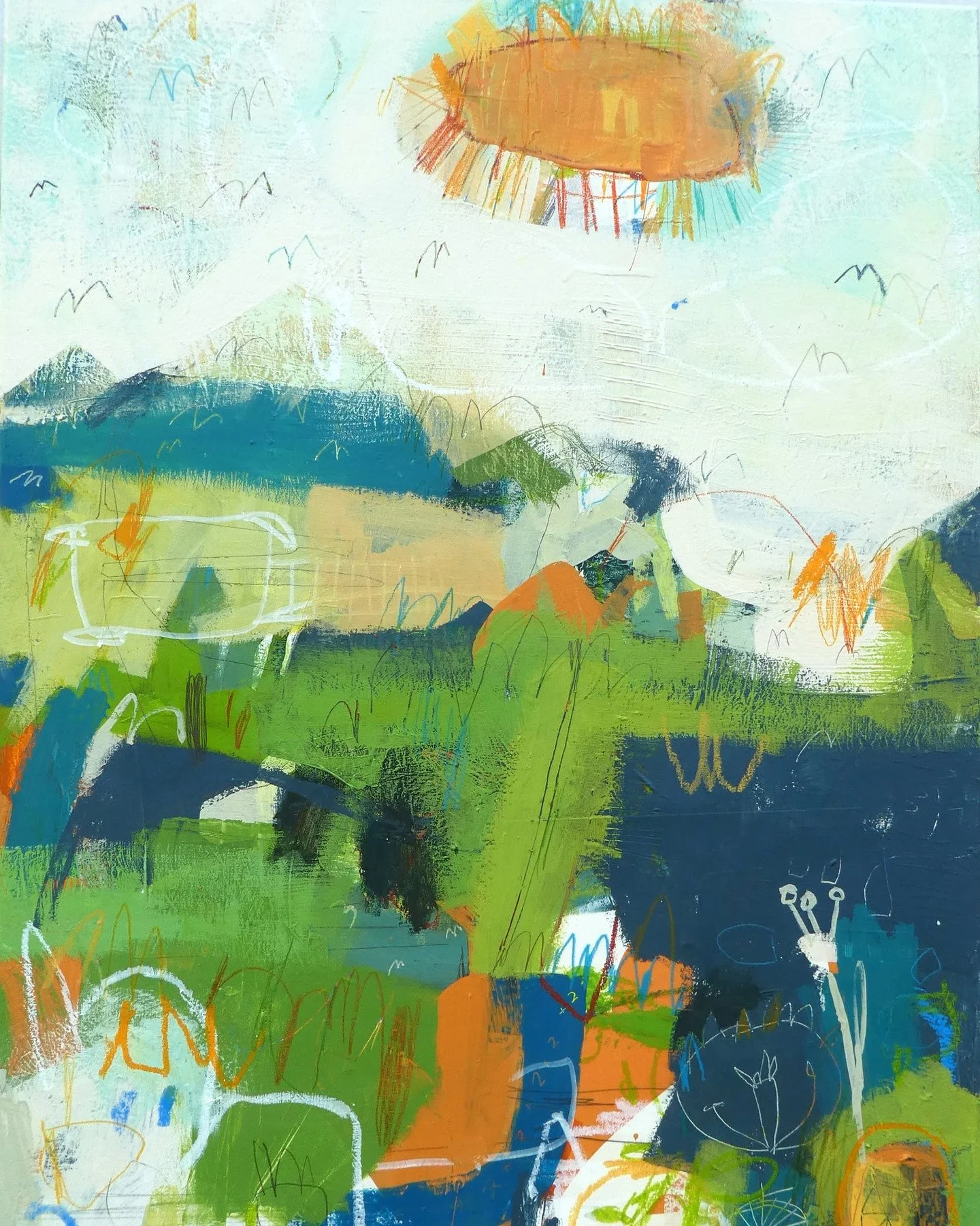 Here's some colors for your winter days!

This 36 x 24 abstract landscape is so joyful, colorful and busy, it's impossible to feel gloomy and unhappy! Expressives marks, collage and sgraffito brings an energy to this abstract landscape.

When I exhib