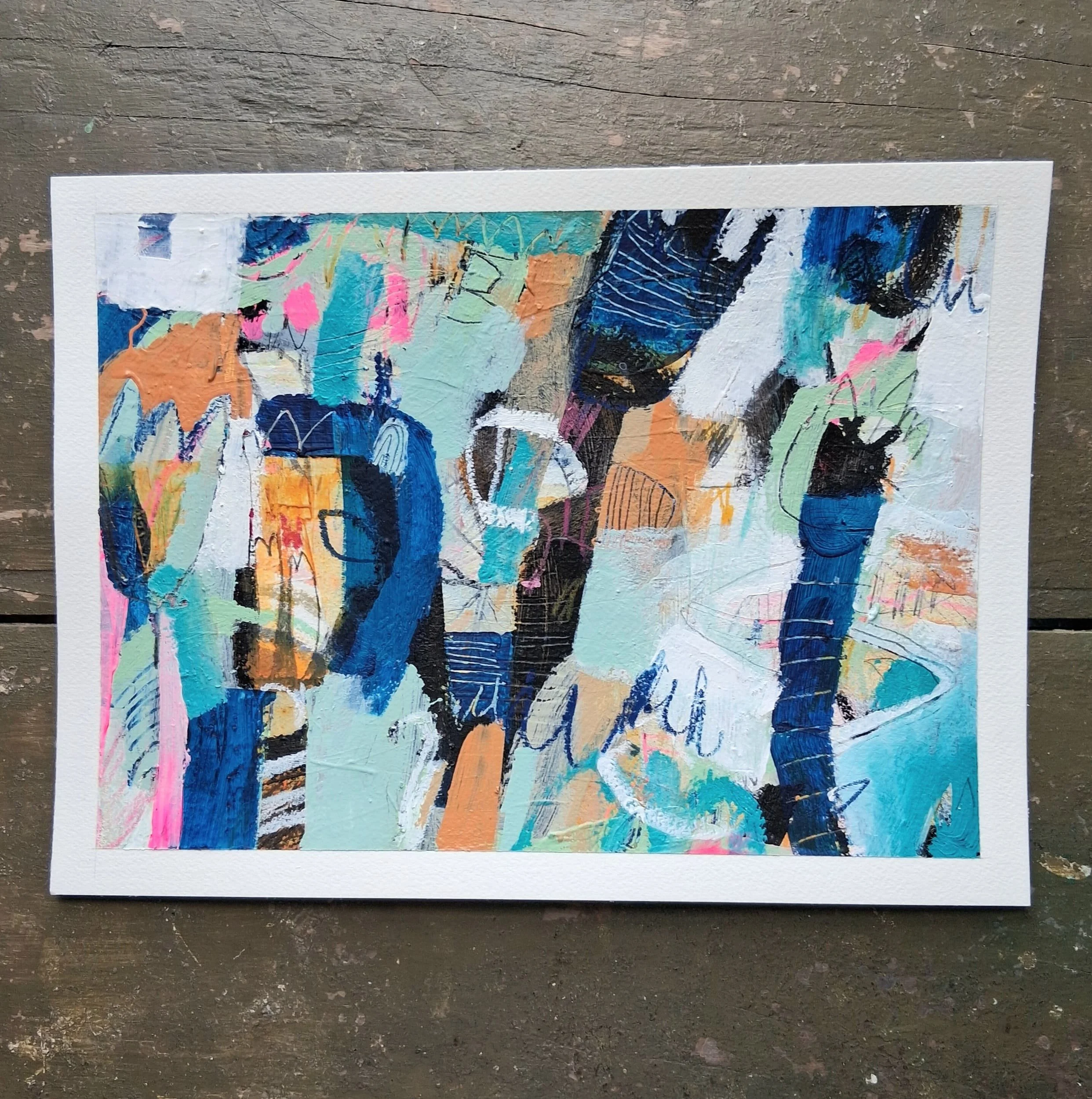 Art for interior.  Original piece of art.  Contemporary abstract flowers in blues, white, aqua, orange and neon pink.