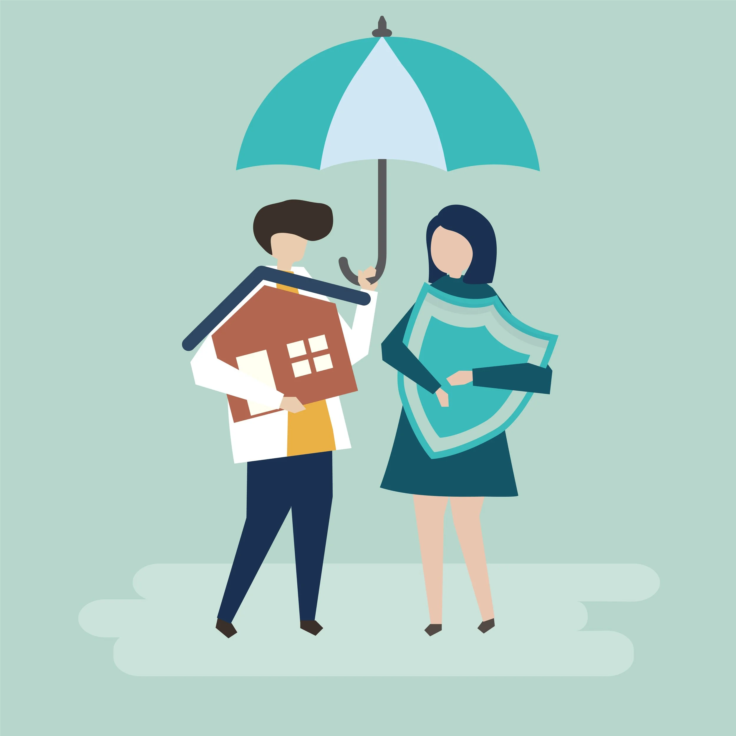 Illustration of a man and a woman standing under an umbrella, with the man holding a house model and the woman holding a shield, suggesting themes of home protection and insurance.