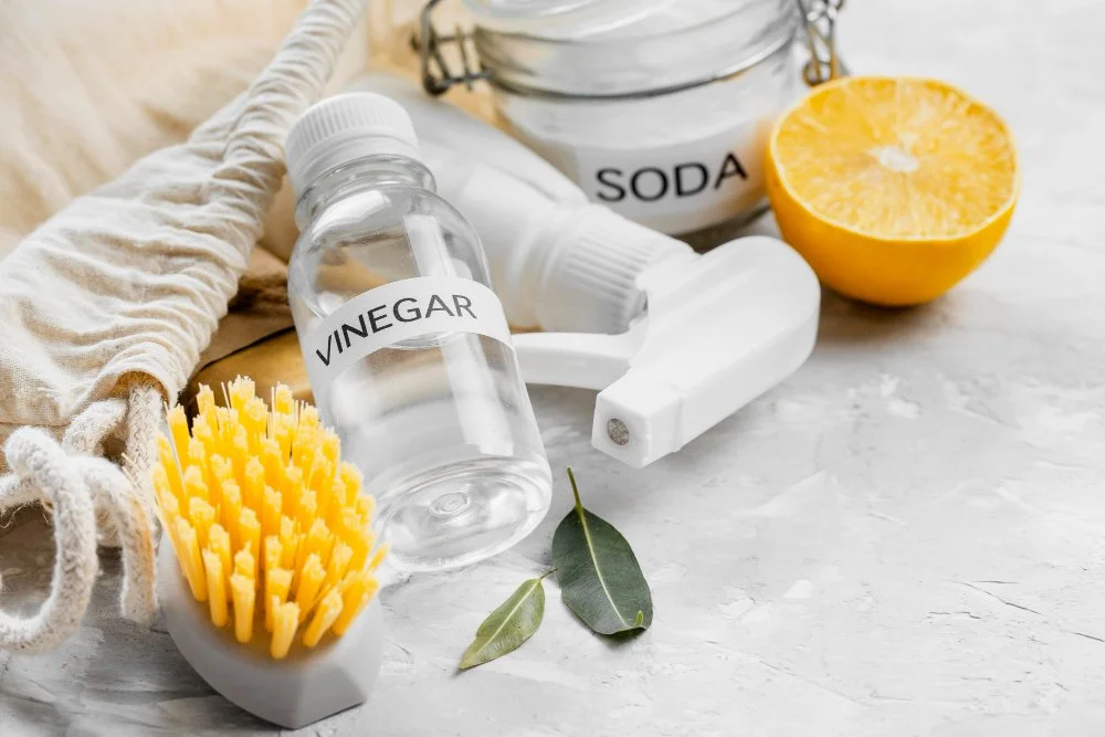 Cleaning supplies on a white countertop, including a bottle of vinegar, a lemon half, a soda bin, an electric sprayer, a brush, and some leaves.