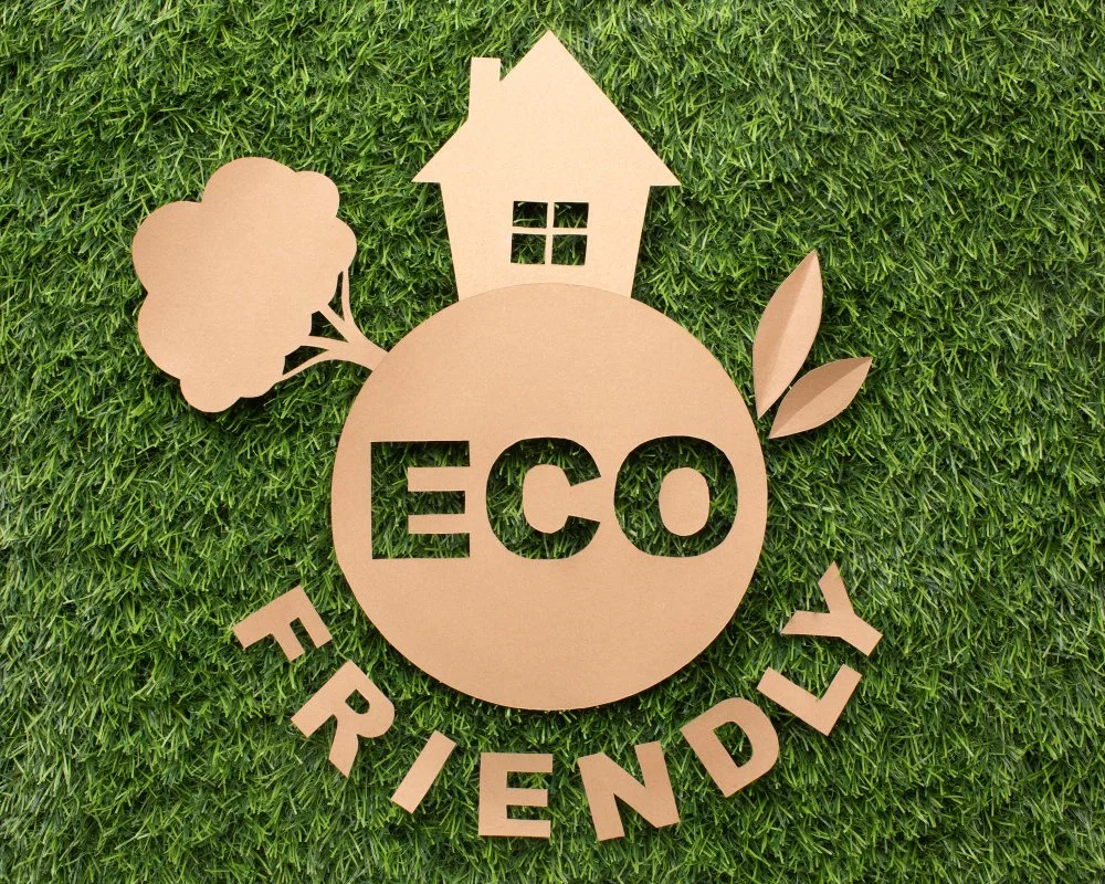 Paper cutouts of a house, tree, and leaves on a grassy surface with the words "ECO FRIENDLY" beneath them.