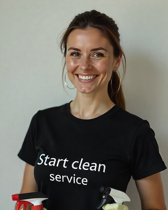 Woman smiling, wearing a black t-shirt that says 'Start clean service,' holding cleaning spray bottles.