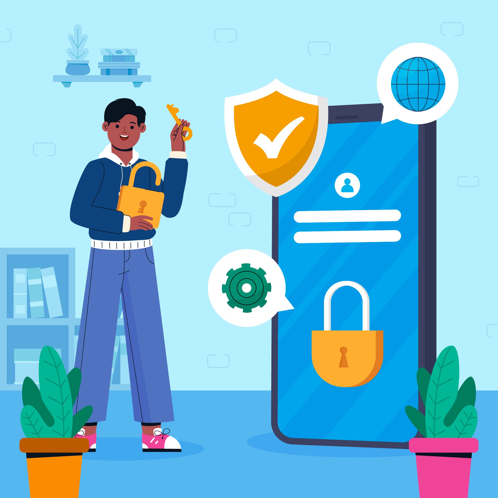 A cartoon person holding a key and a padlock, standing next to a large smartphone displaying security icons like a shield with a check mark, a gear, and a padlock, with plants and shelves in the background.