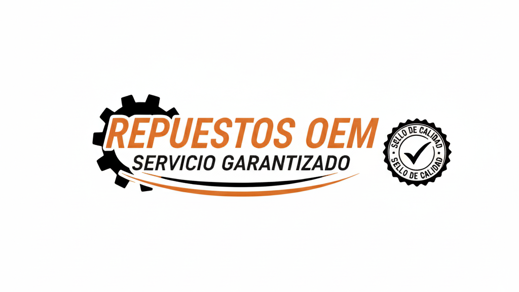 Logo for Repuestos OEM with a gear icon, orange and black text, and a service guarantee badge.