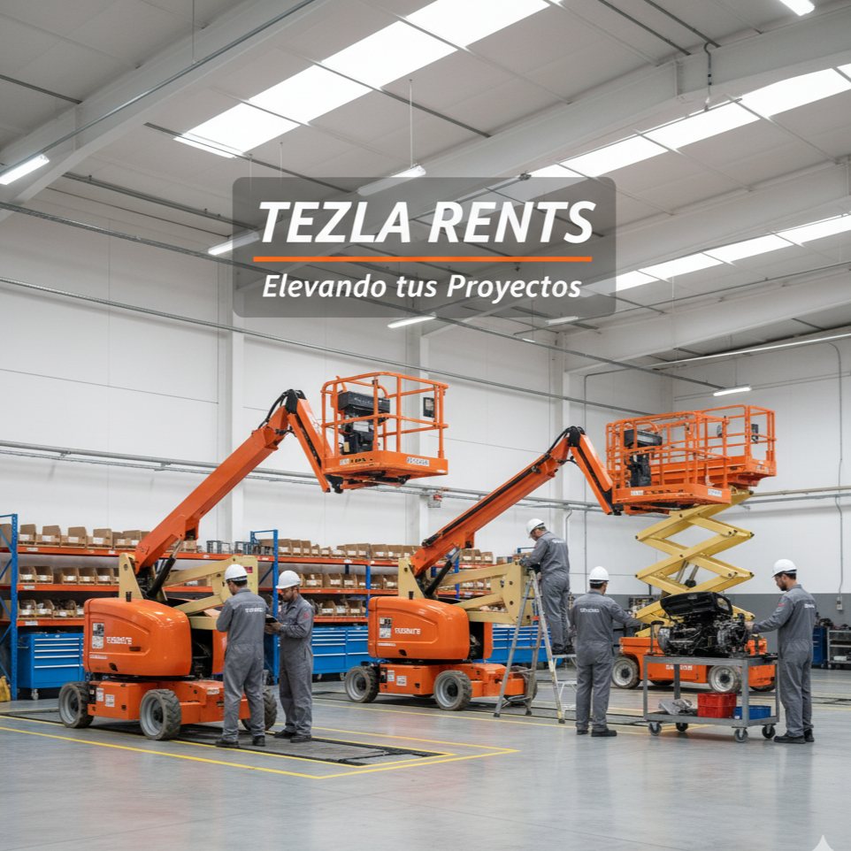 Alquiler de elevadores de personas y plataformas tipo tijera, telescópicos y unipersonales en Ecuador. Equipos certificados JLG y Genie para trabajos en altura industriales y de construcción con cobertura nacional - TEZLA RENTS.