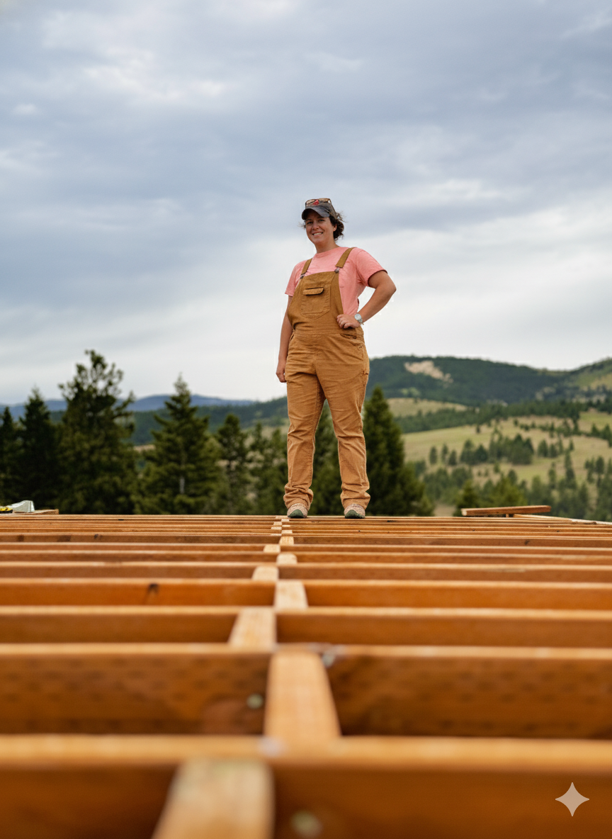 Woman standing on a wooden construction frame outdoors with a scenic landscape of trees and hills in the background.