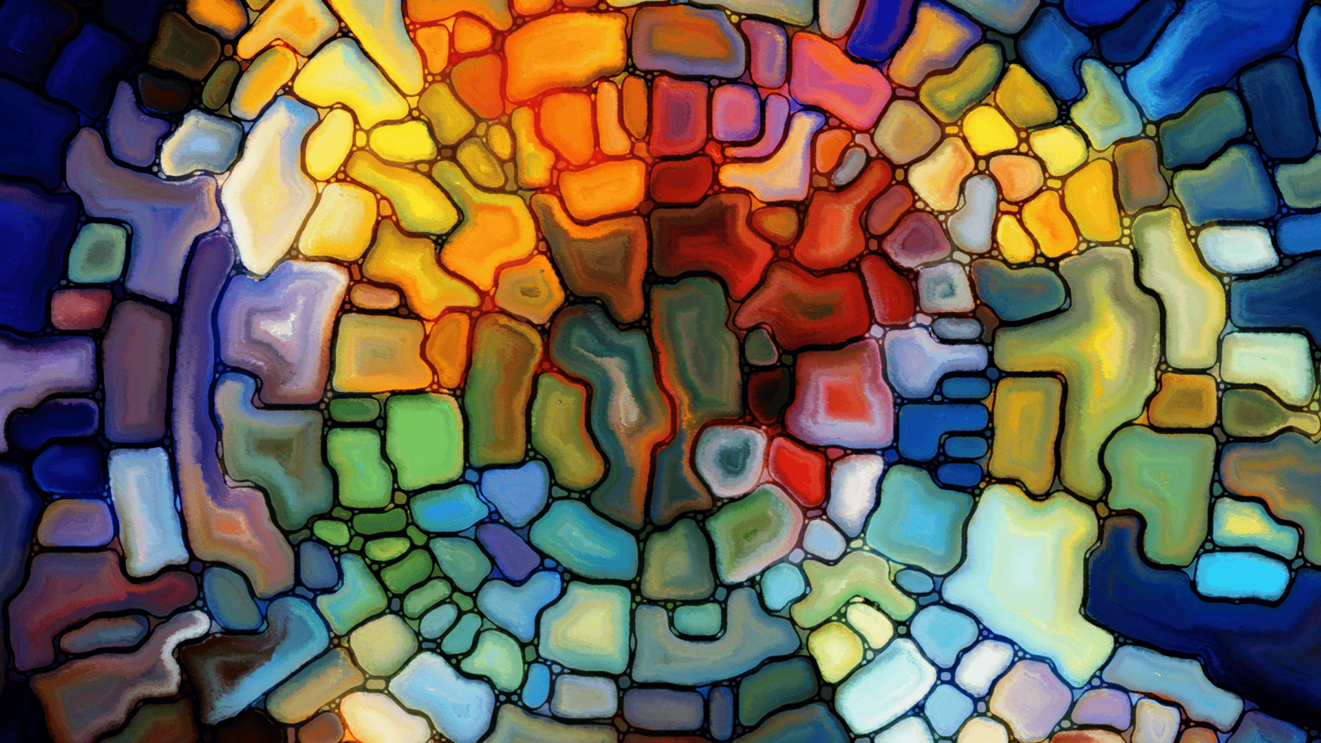 An abstract stained glass style artwork featuring various mosaic pieces in vibrant colors including yellow, orange, red, green, blue, and purple, with black outlines separating each piece.
