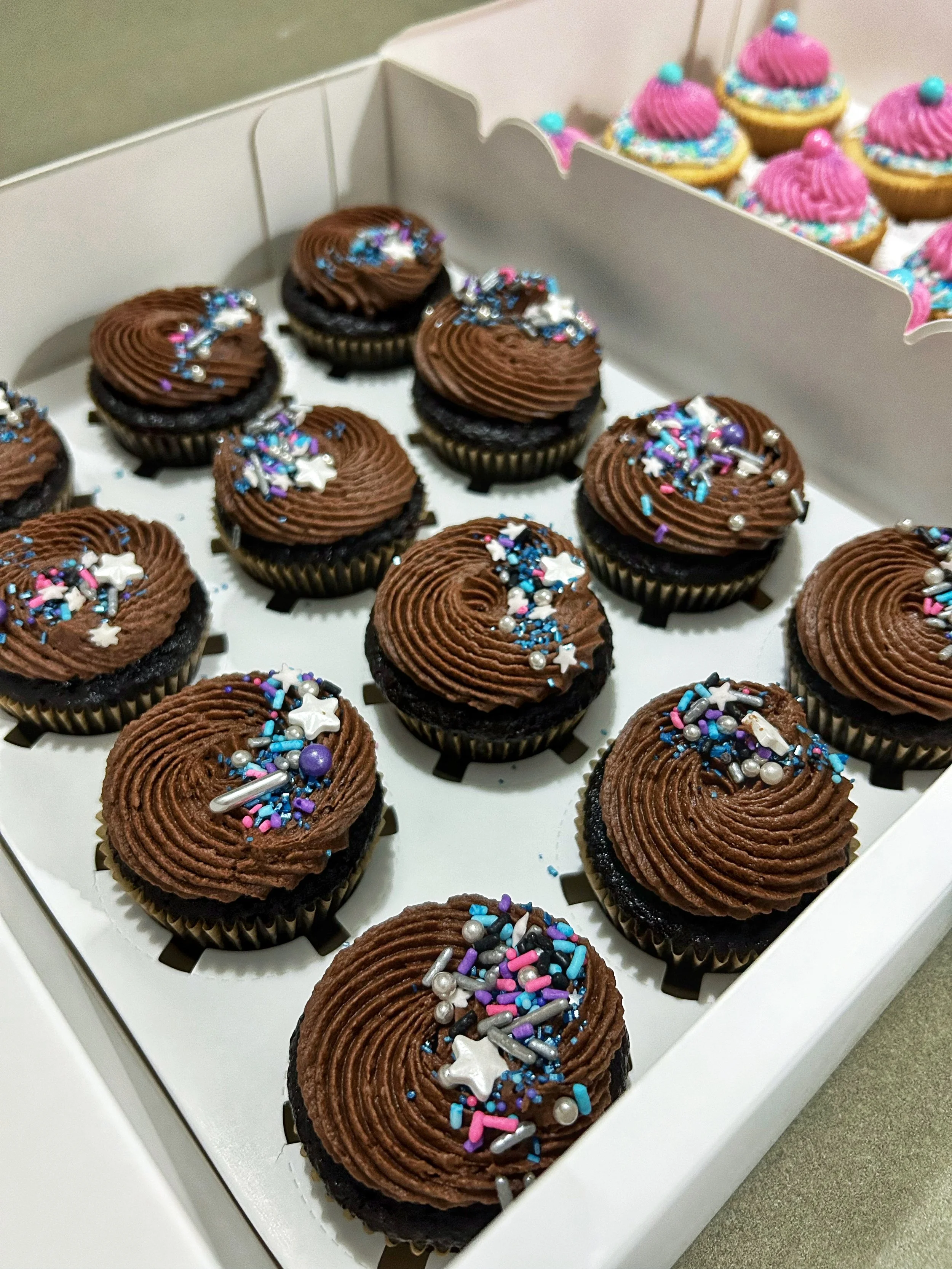 Tray of chocolate cupcakes with colorful sprinkles and star-shaped decorations, some with pink and blue frosting in the background.