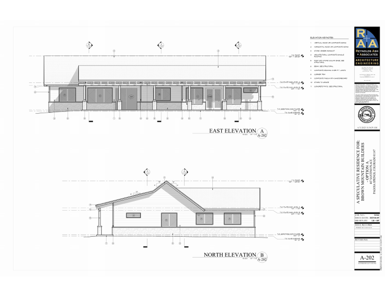 Architectural blueprint showing east and north elevations of a building with dimensions, windows, doors, and roof details.